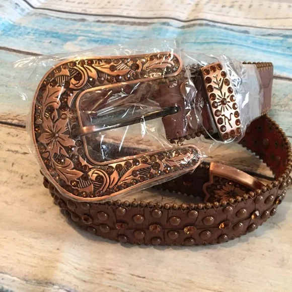 Womens Western Leather Belt Buckle Studded Cowgirl Brown Size Large - Picture 5 of 12